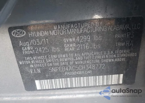 2012 Hyundai Sonata Gls из США, поврежденный, VIN 5NPEB4AC5CH348772